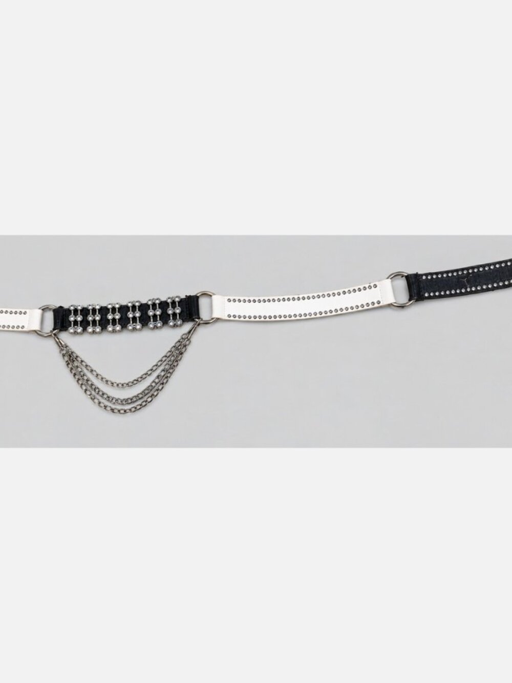 Leatherock Genuine Leather Rhinestone Chain Belt – Black & White – M/34